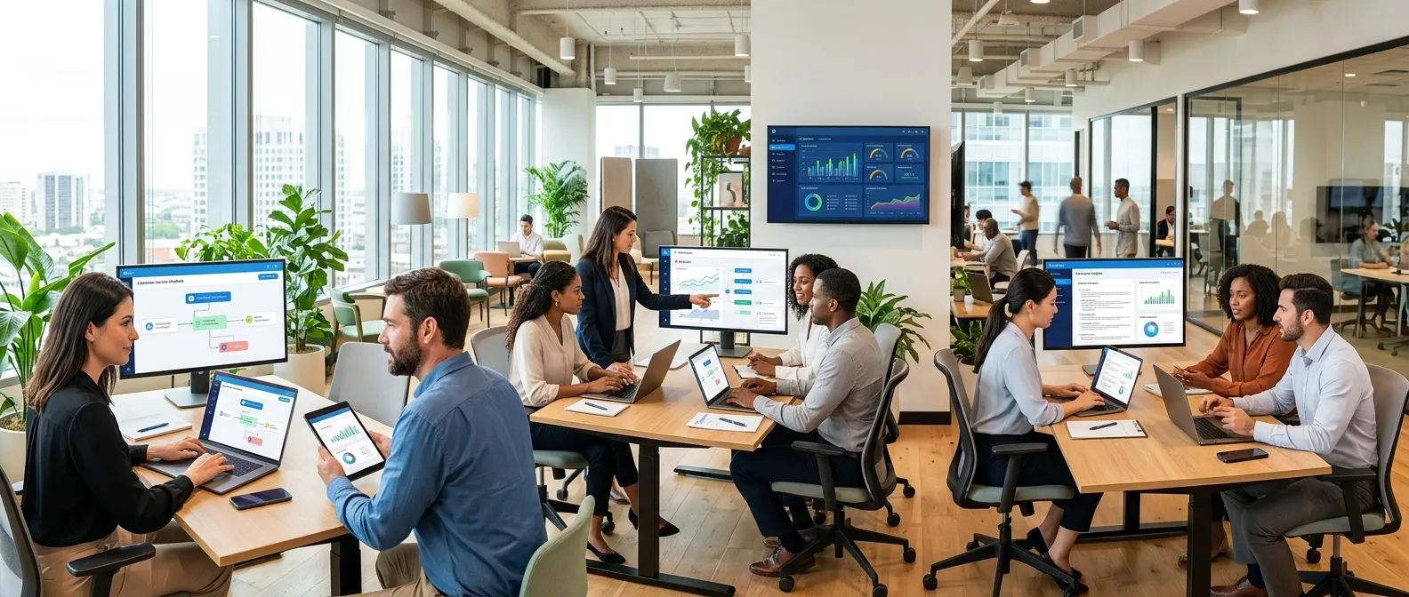 professional team using ai agents in a modern open space office