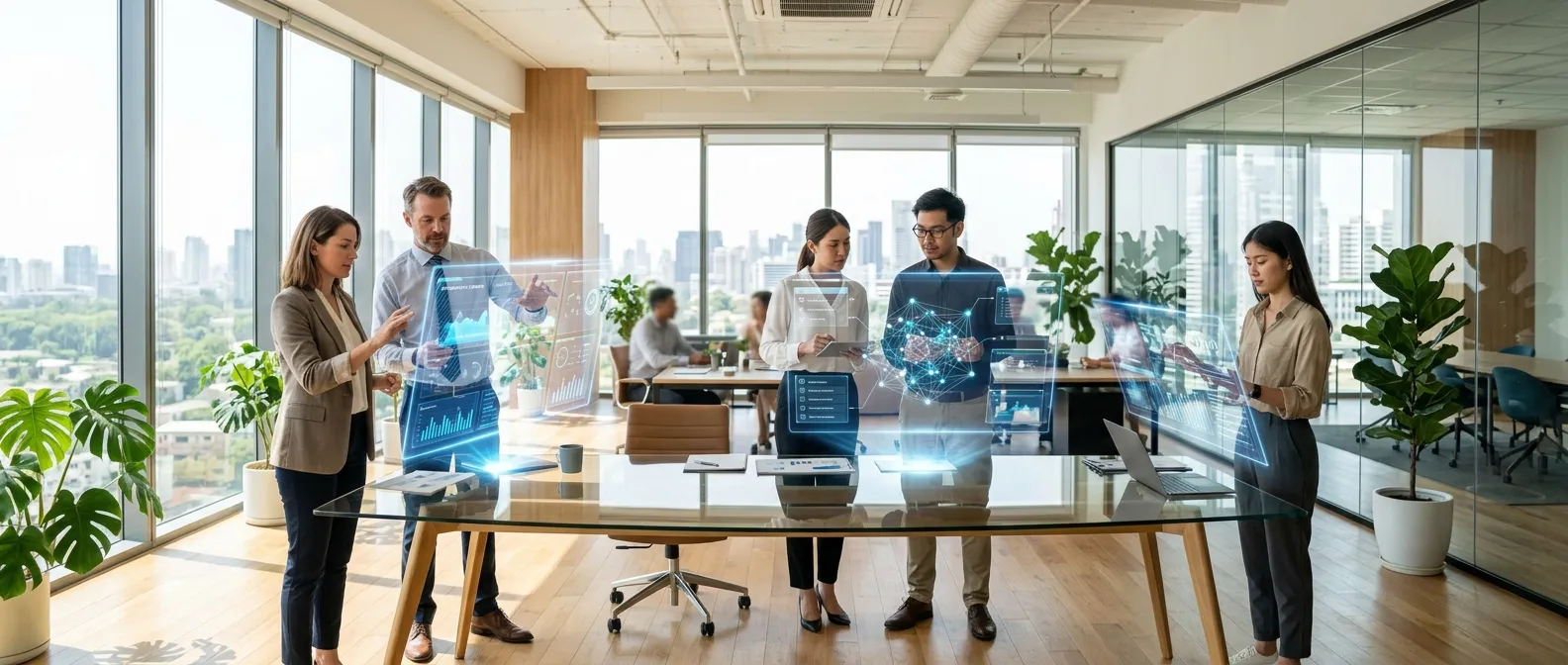 autonomous ai agents collaborating in a modern professional environment
