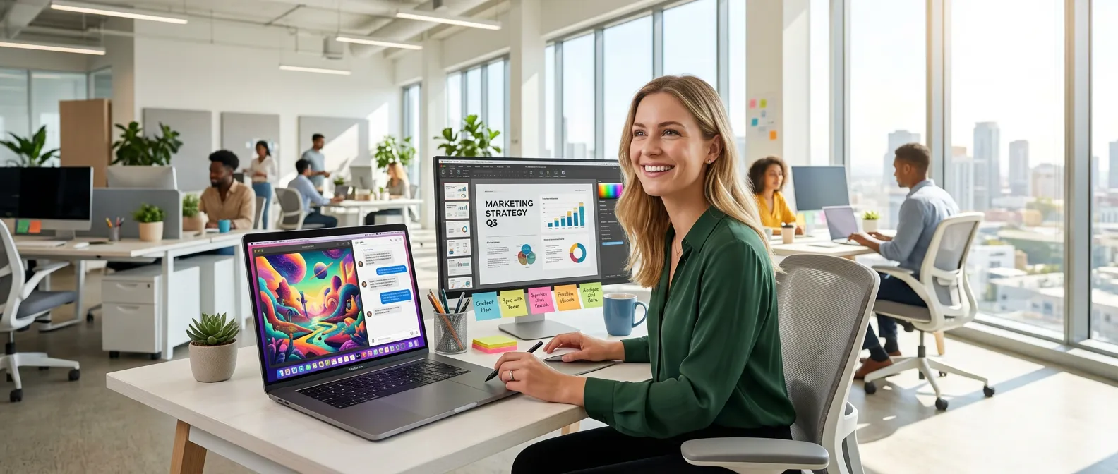 professionnelle du marketing utilisant une ia conversationnelle pour creer du contenu