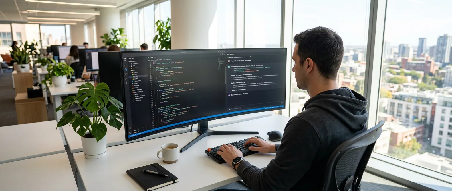 developpeur codant avec un assistant ia visible sur son ecran en 2026