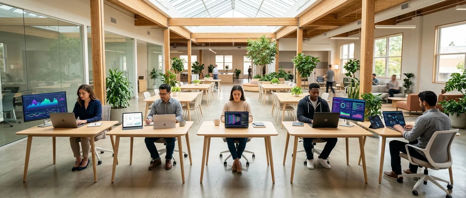 professionals using various free ai tools in a modern coworking space