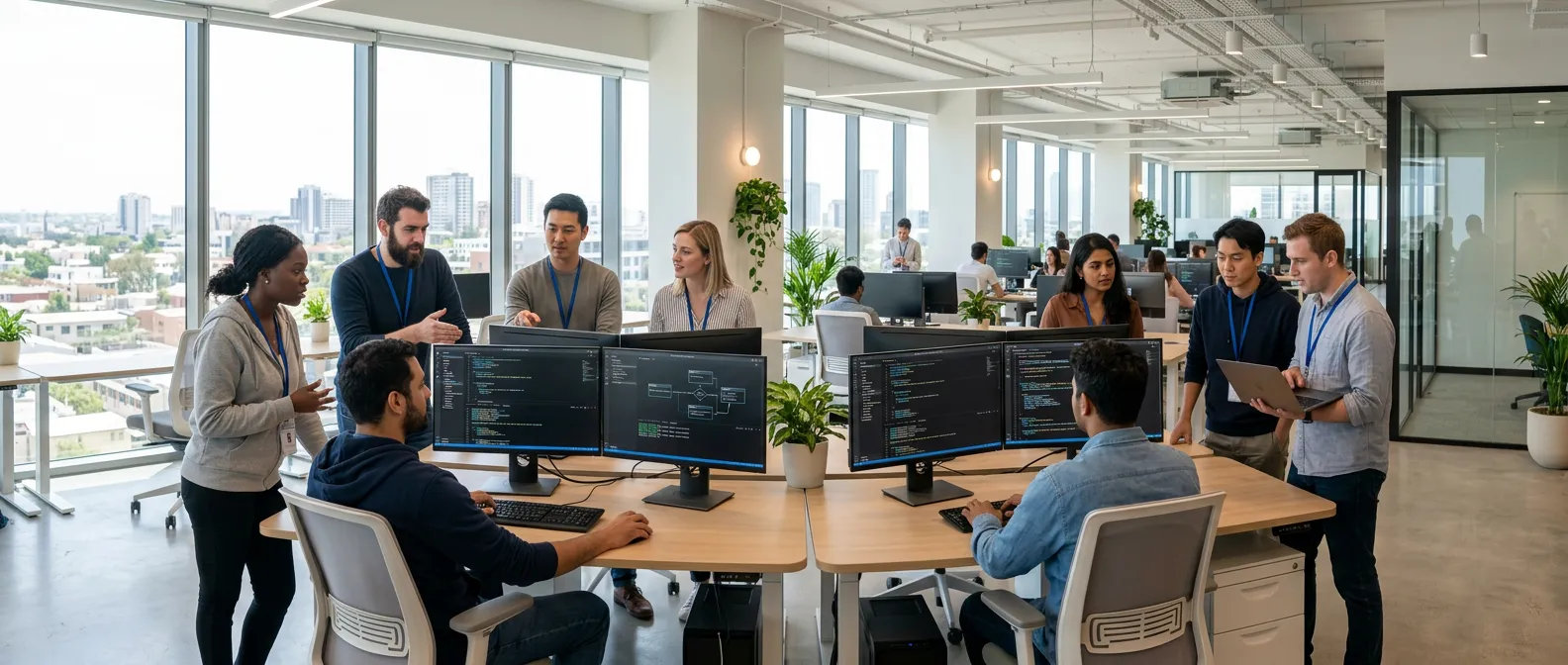 devops team collaborating on infrastructure code screen