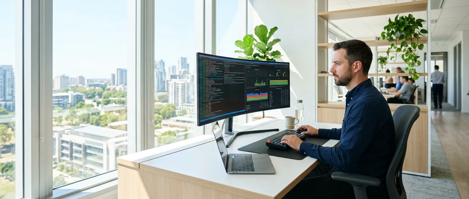 devops engineer monitoring docker containers in production on screen
