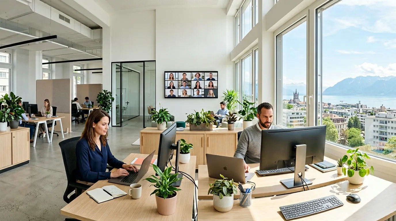 bureau hybride moderne avec collaborateurs présentiel et visio