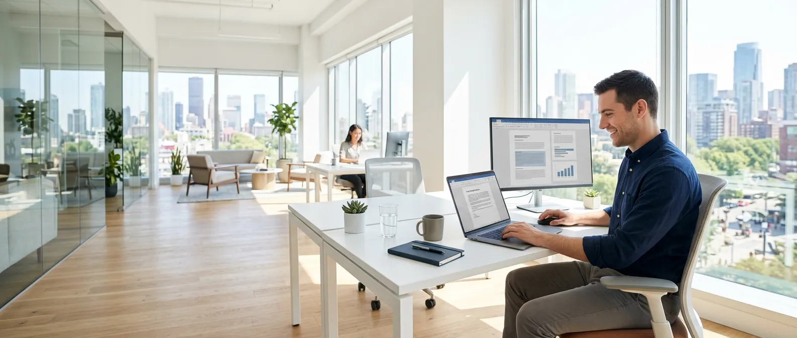 young professional drafting a word document with ai assistance