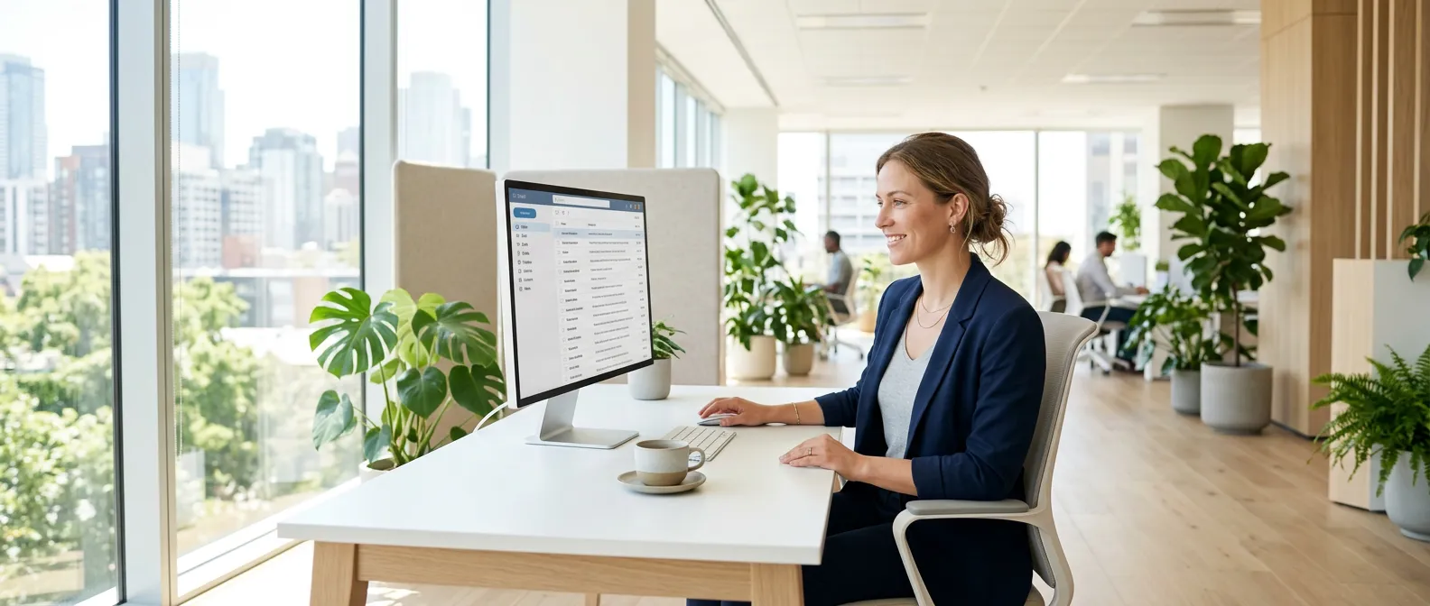 professionnelle sereine devant une boite mail outlook bien organisee