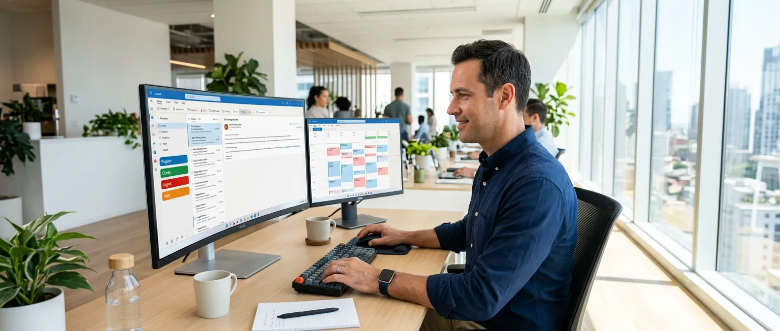 professionnel triant ses e-mails outlook dans des dossiers categorises