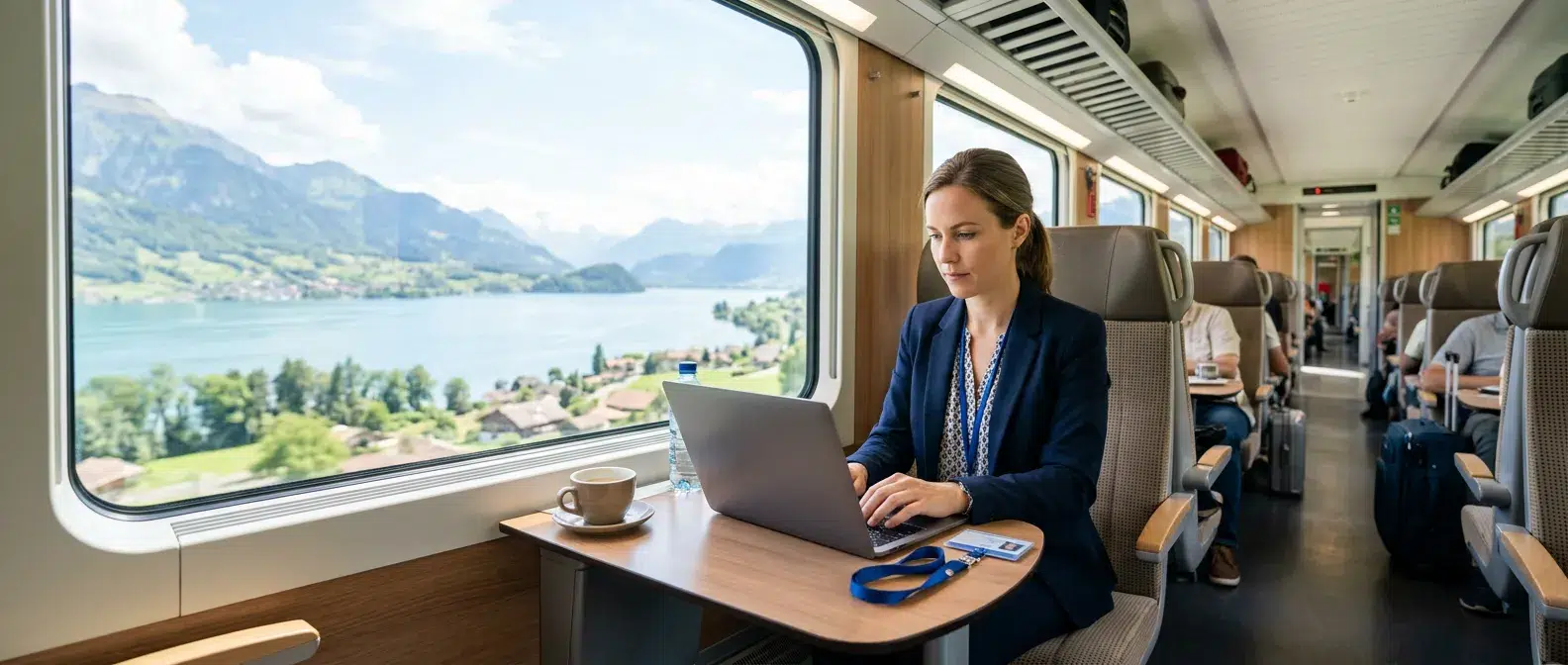 collaboratrice en teletravail depuis un train suisse avec son ordinateur portable