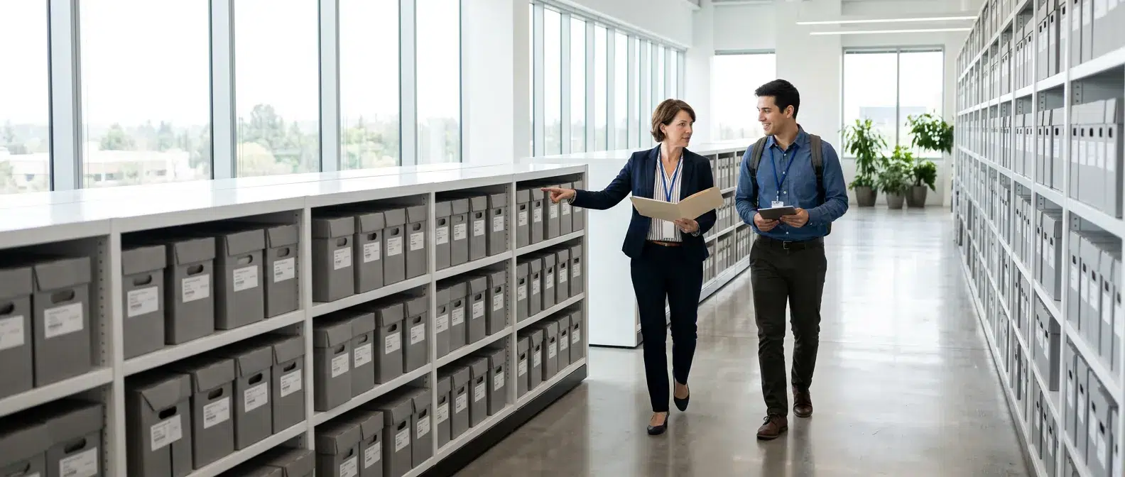 archiviste et collegue parcourant une salle d archives moderne