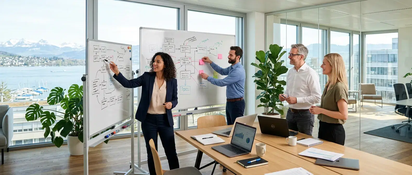 swiss team mapping a business process on a whiteboard