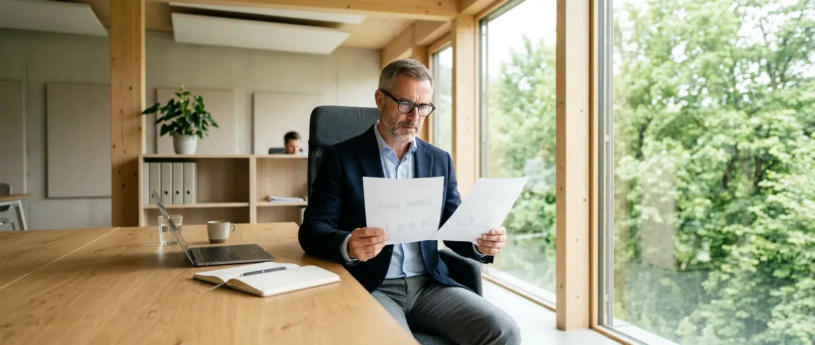 dirigeant de pme comparant deux options sur papier a son bureau