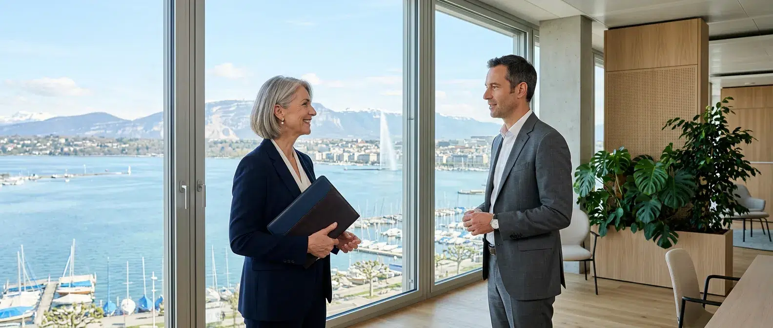 dirigeants echangeant sur la cybersecurite dans un bureau genevois avec vue sur le lac