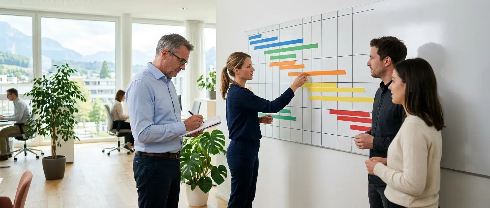 equipe projet ajustant un diagramme de gantt affiche au mur