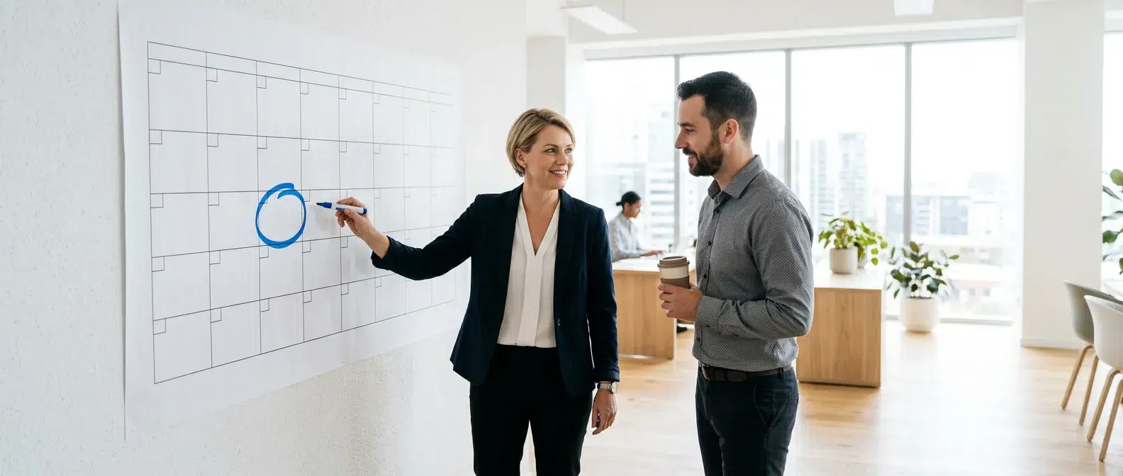 calendrier mural marquant une echeance dans un bureau lumineux