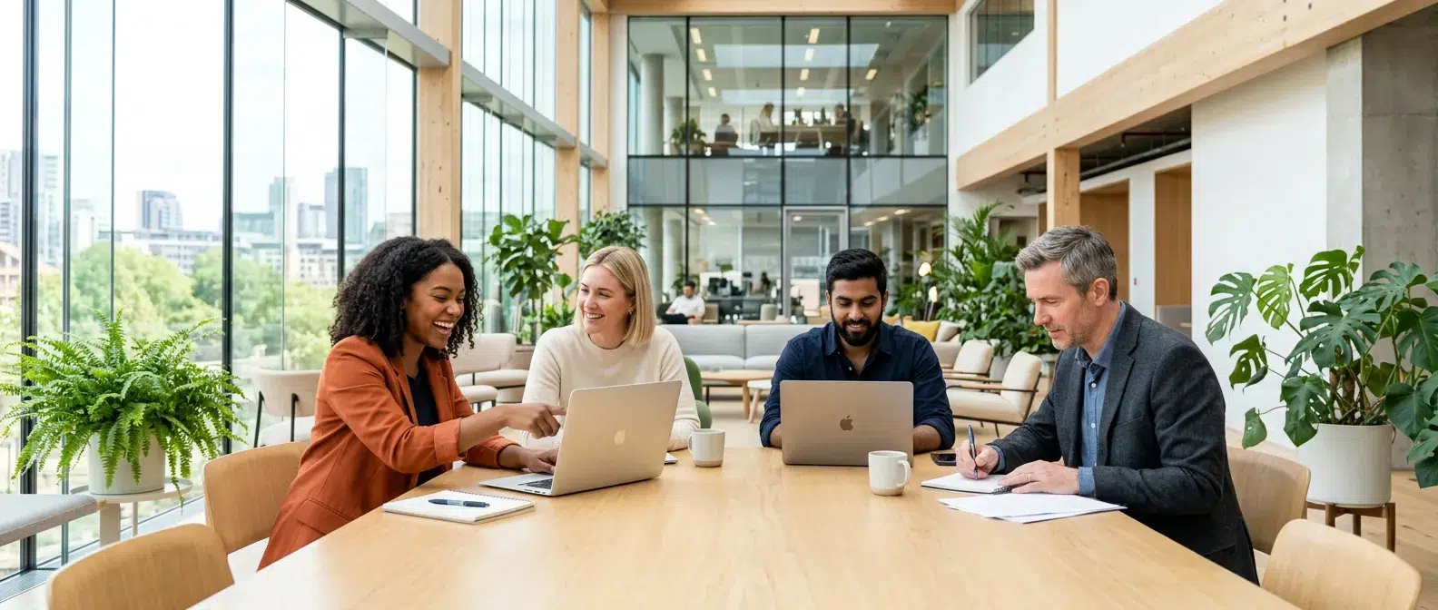 equipe collaborant sur des ordinateurs portables dans un espace moderne