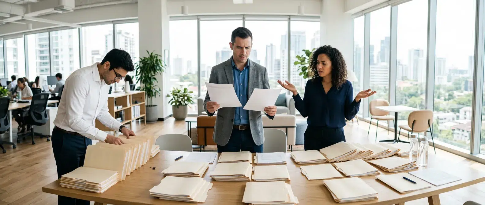 trois collegues comparant des dossiers papier presque identiques