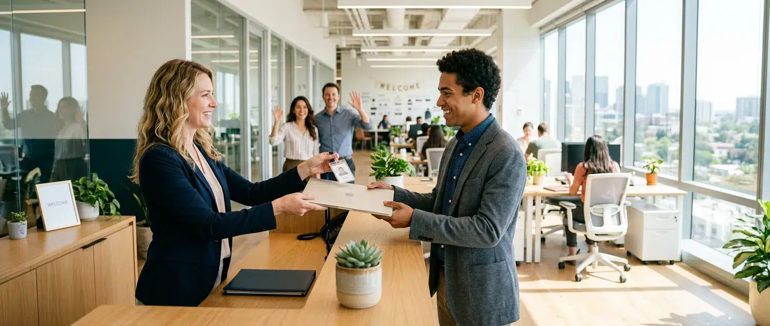 hr manager handing equipment to a new employee
