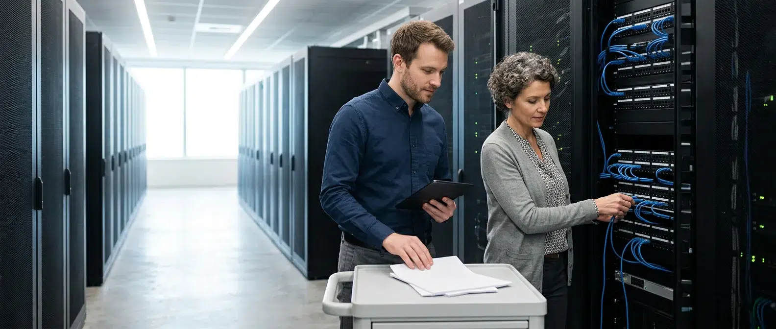 administrateurs systeme faisant l inventaire des acces dans une salle serveur