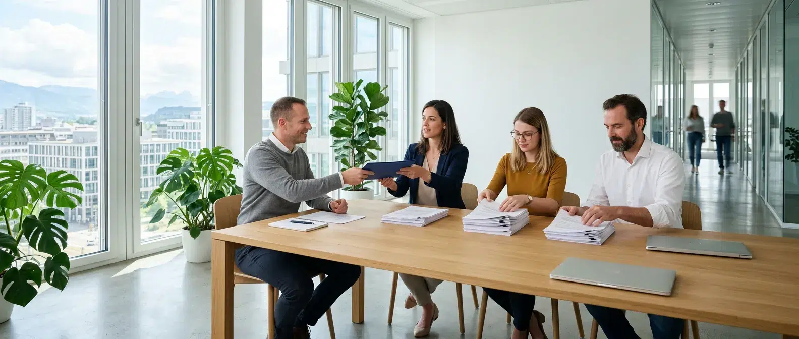 equipe suisse triant ses documents dans un bureau lumineux