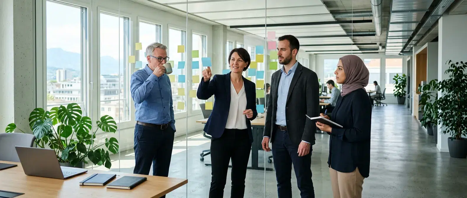 equipe de securite informatique reunie autour d un mur de notes dans un bureau suisse lumineux