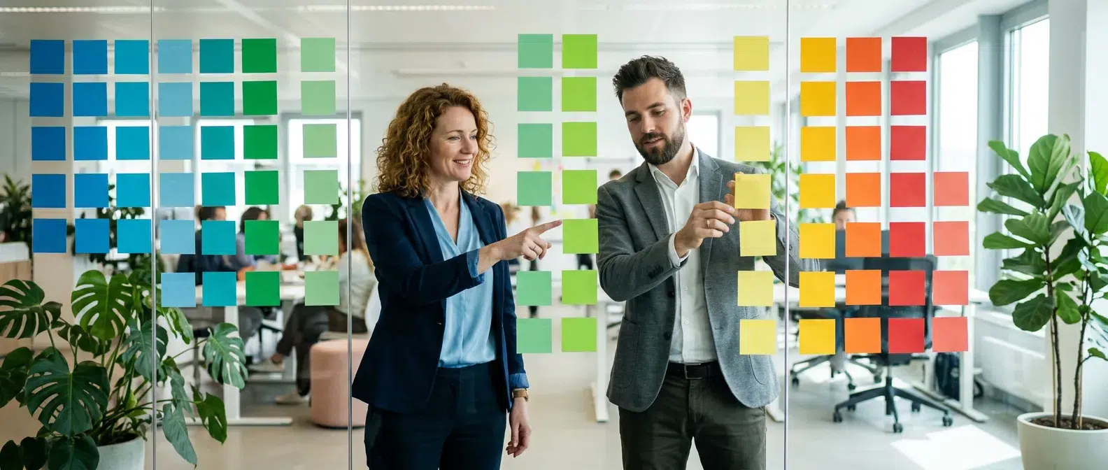 business analyst et product owner priorisant ensemble un backlog sur un mur de cartes