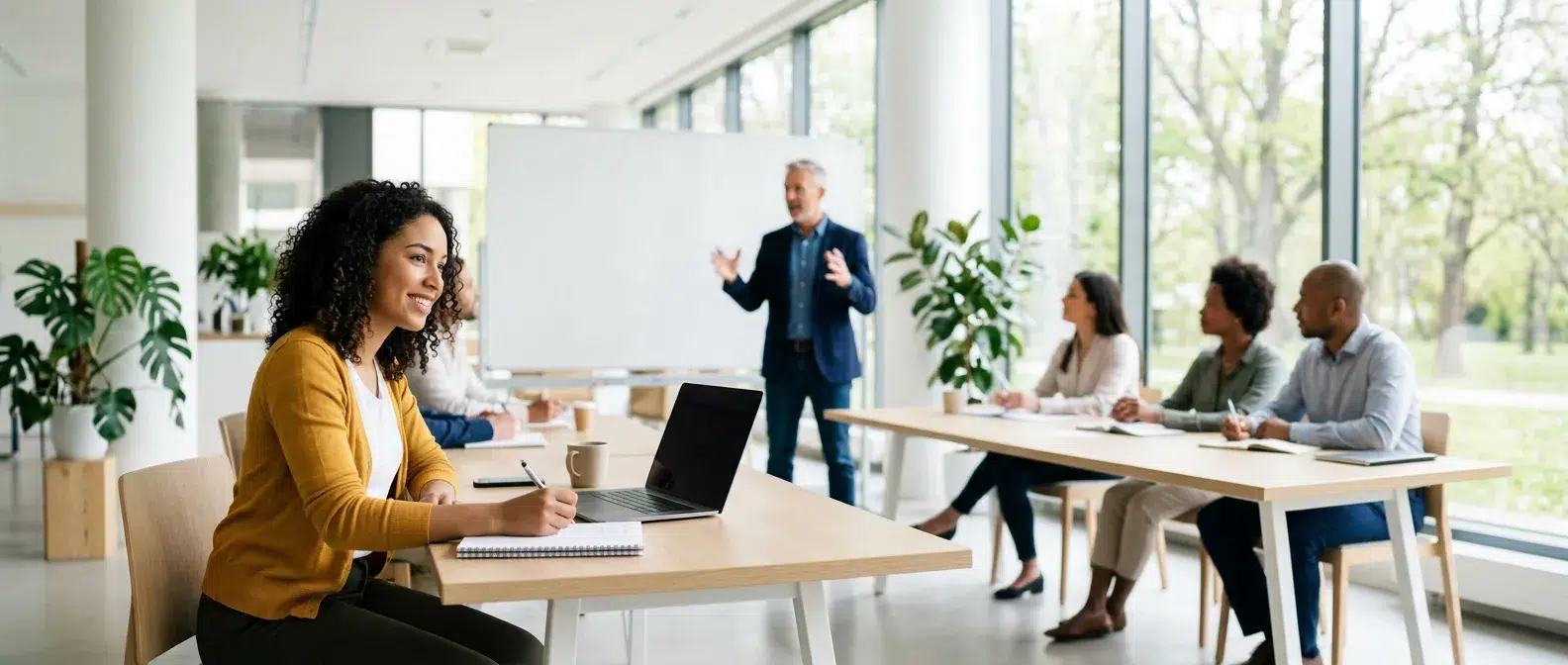 jeune coordinatrice de projet prenant des notes pendant une formation
