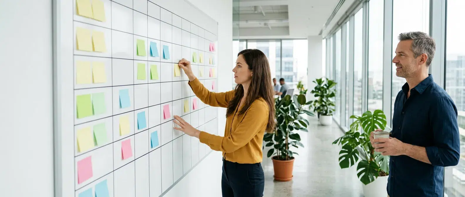 cheffe de projet planifiant un parcours de formation sur un calendrier mural