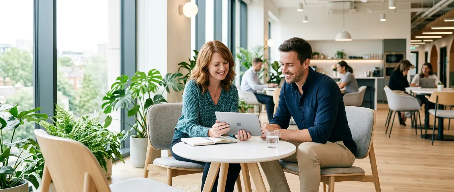 deux collègues comparant les certifications en gestion de projet sur une tablette