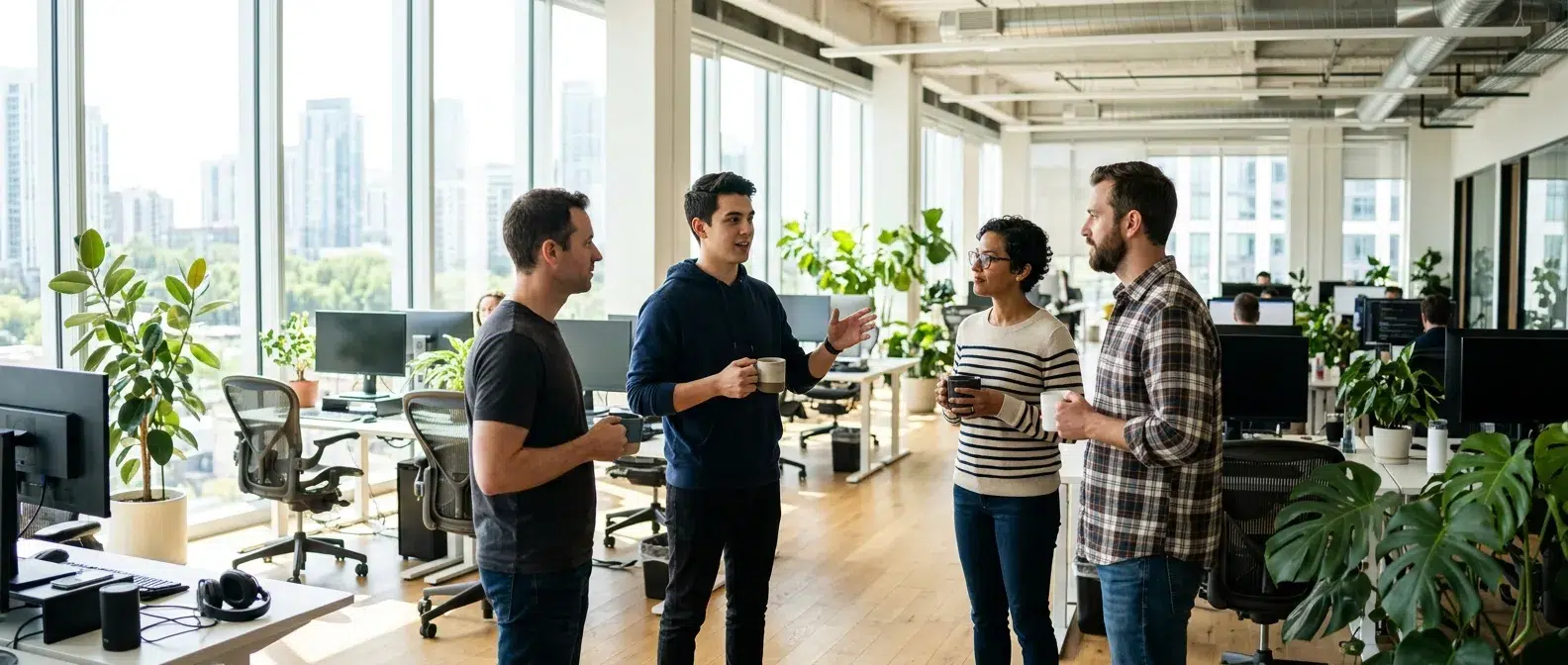 développeurs debout lors d'un daily scrum devant un tableau de tâches