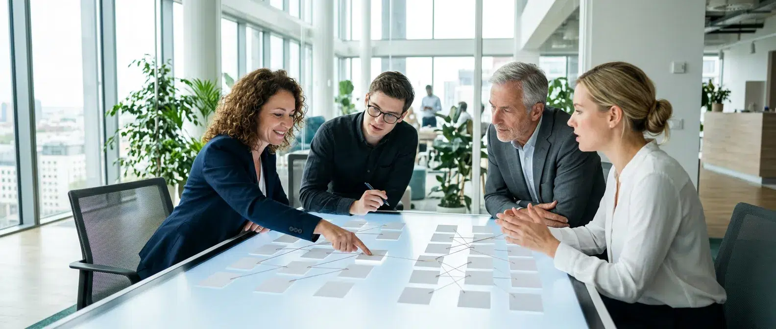 équipe projet discutant des interfaces entre deux lots autour d'une table
