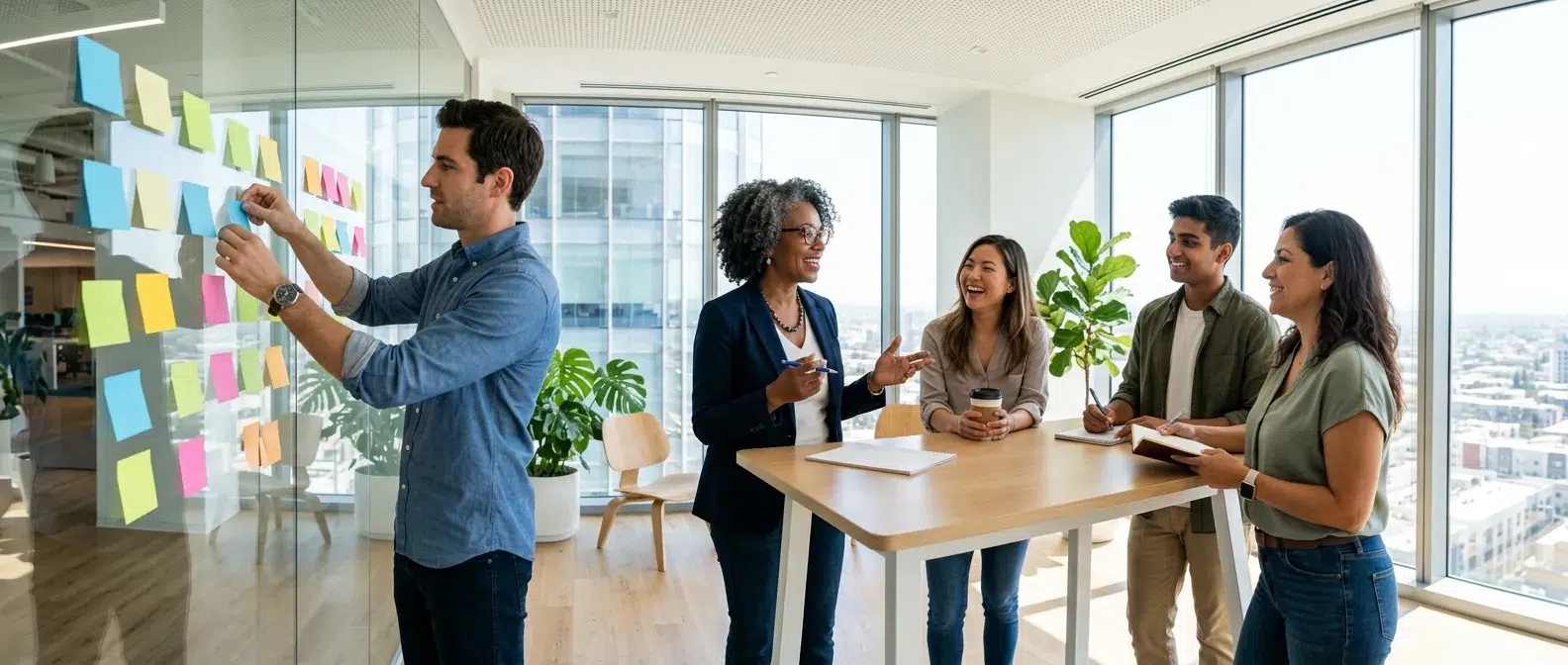 équipe projet en réunion de lancement dans un bureau lumineux