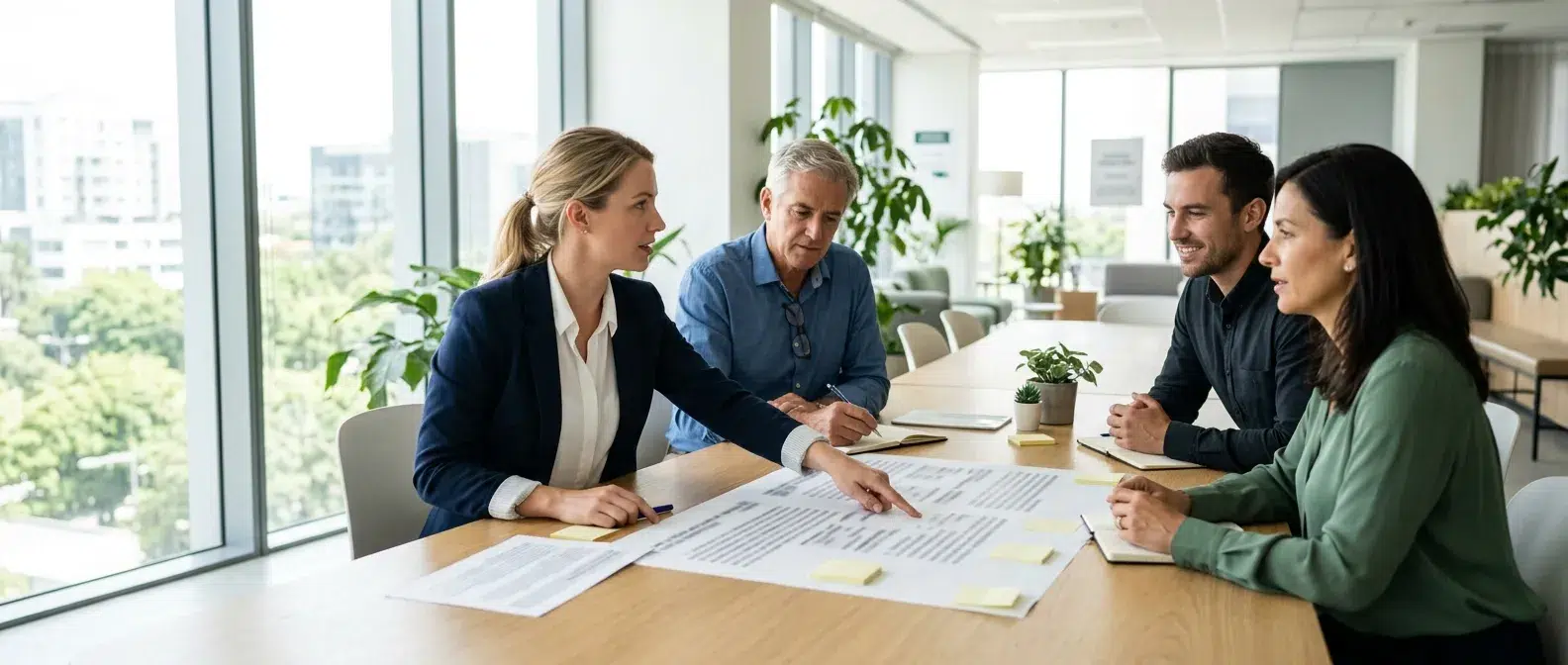 équipe de transformation analysant un cas pratique de conduite du changement