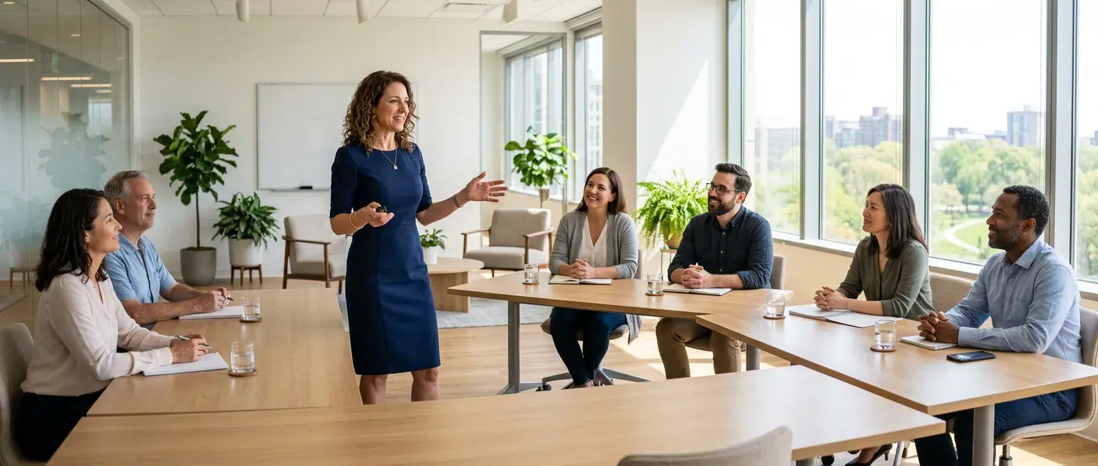 formatrice expliquant les réactions face au changement à un groupe de participants