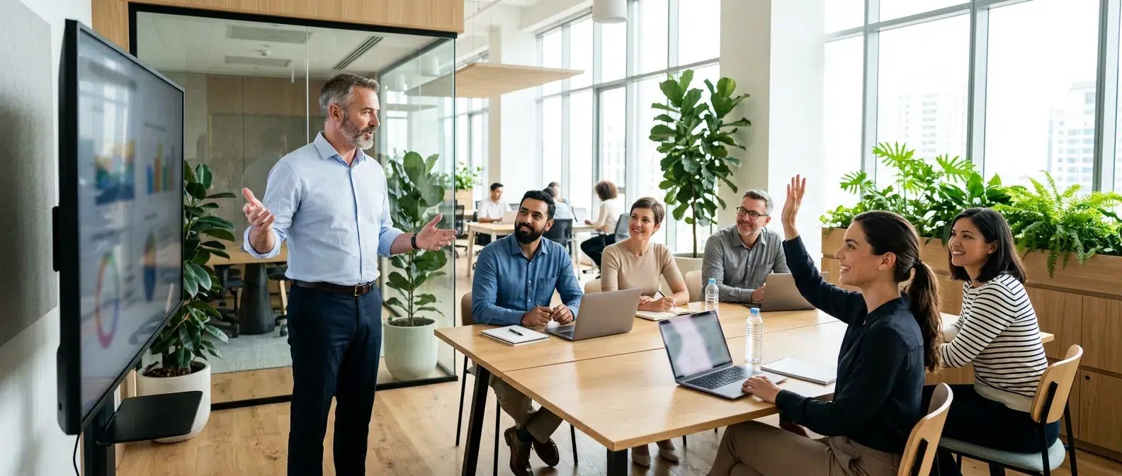manager présentant un plan de conduite du changement à son équipe