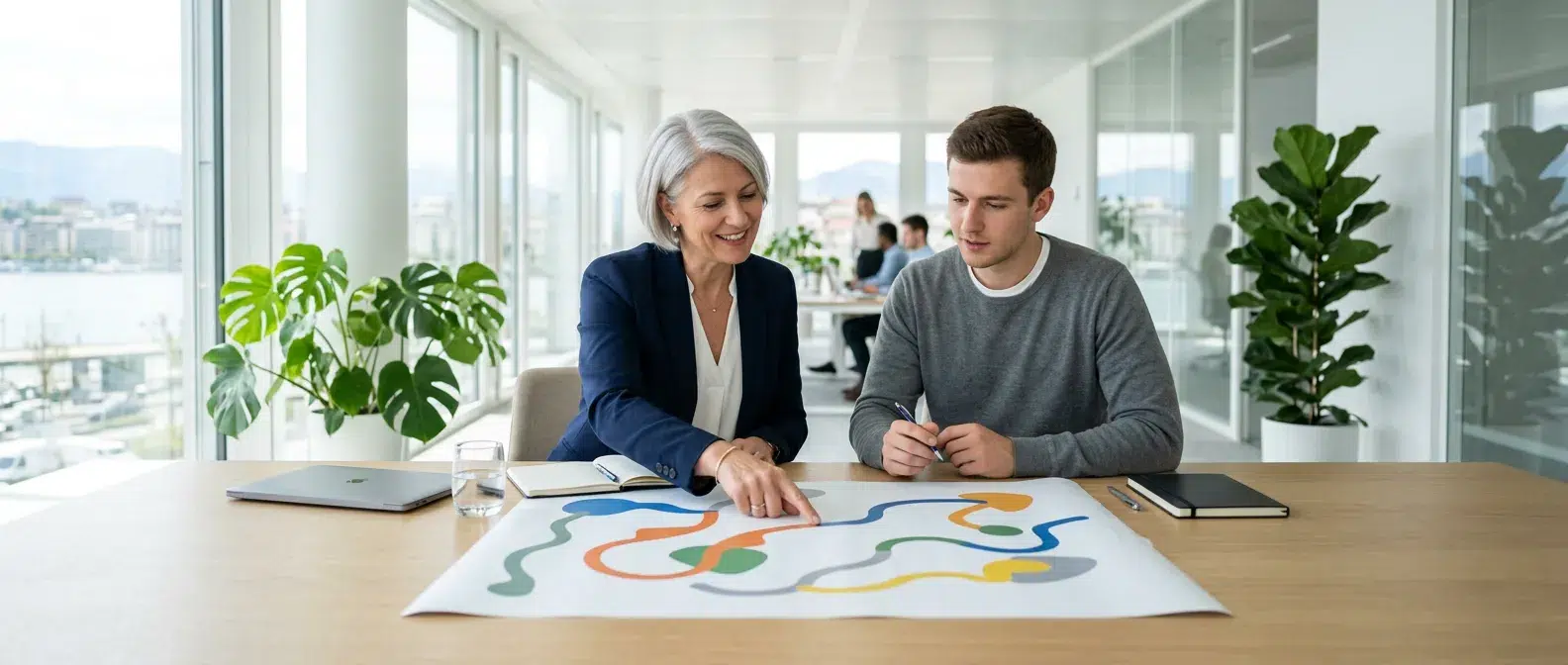 cheffe de projet et jeune collègue comparant deux parcours de certification