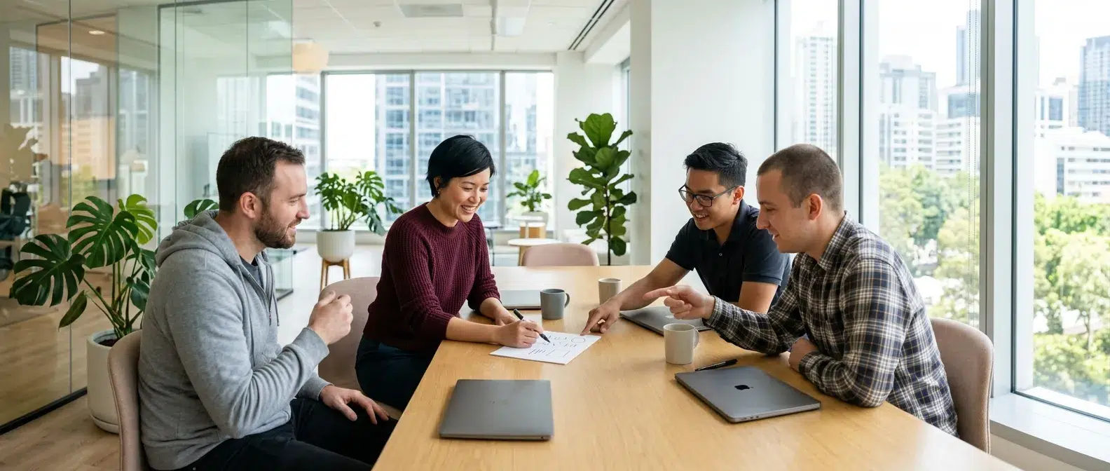 product owner et développeurs définissant l'objectif d'un sprint autour d'une table