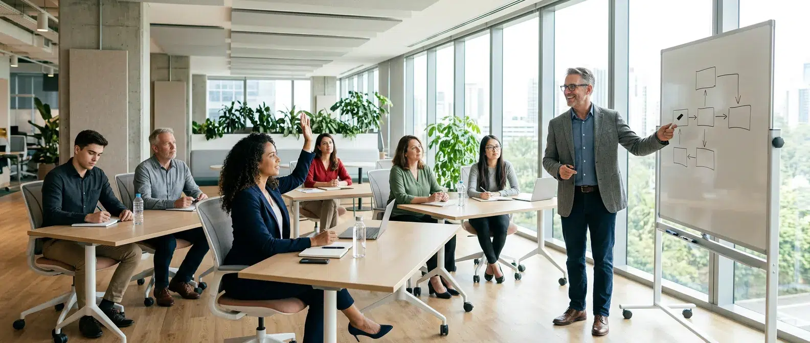professionnels suivant une formation en gestion de projet dans une salle claire