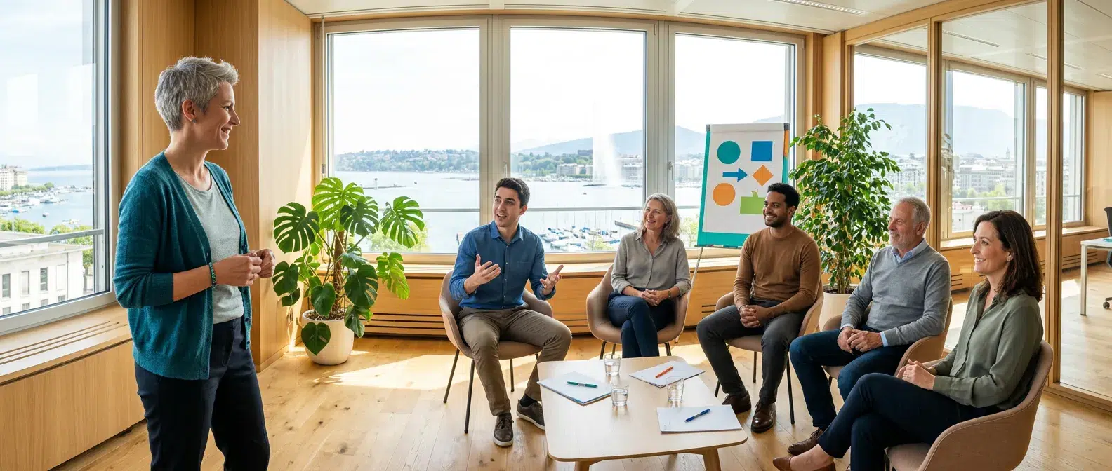 responsable du changement animant un atelier avec une équipe en transformation